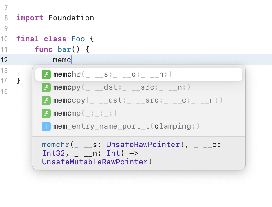 C autocompletion of memcpy in Xcode
